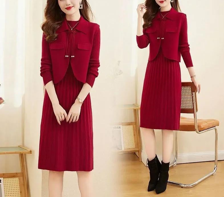 ラペルネックベスト 長袖プルオーバー Aラインドレス ニットセット